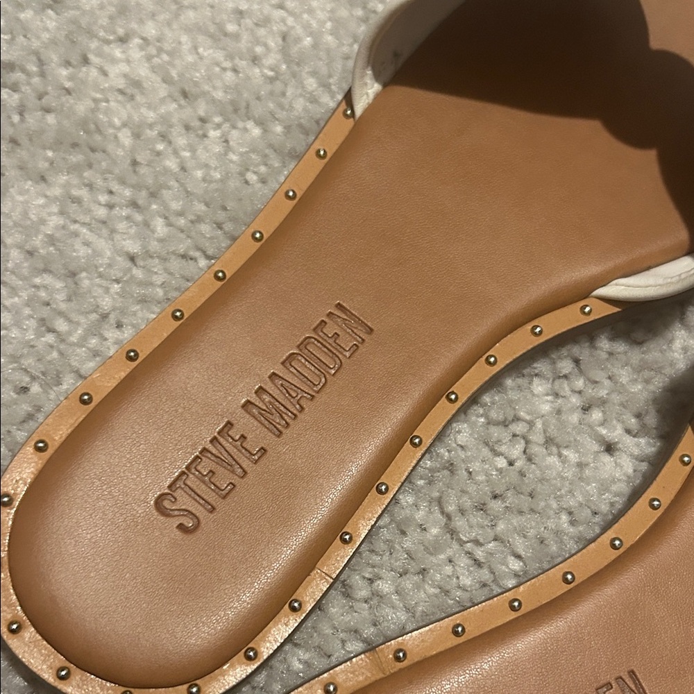 Steve Madden Cream Slide Sandals with Gold Accent - Picture 2 of 3